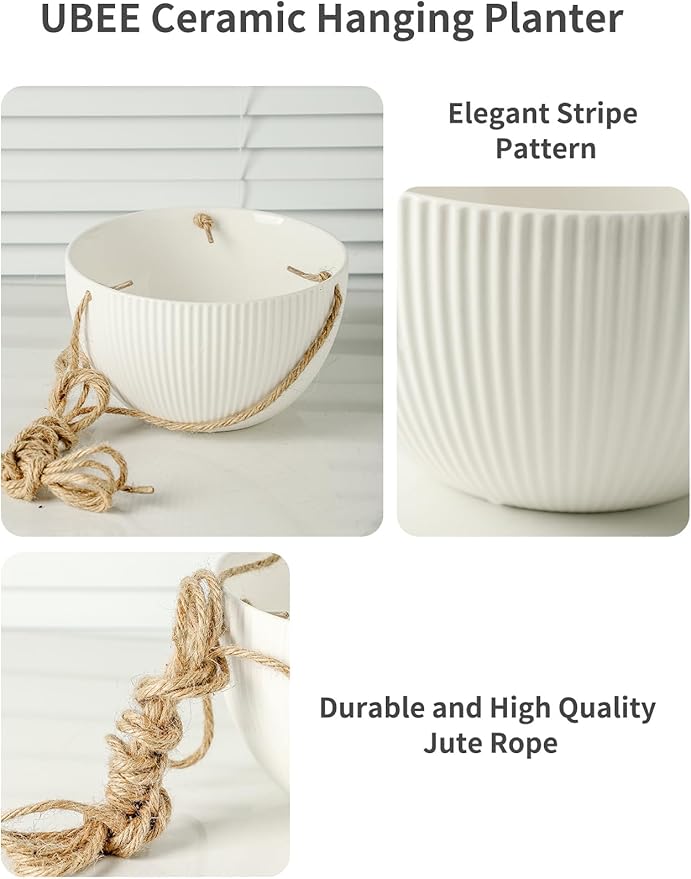 UBEE Ceramic Hanging Planters Indoor Outdoor, 7.5 Inch + 6.5 Inch Hanging - Image 8