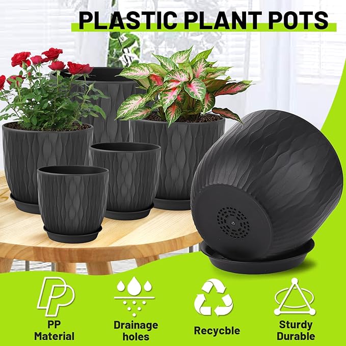 Plastic Plant Pots 10/9/8/7.5/7 inch Set of 5, Flower Planters - Image 3
