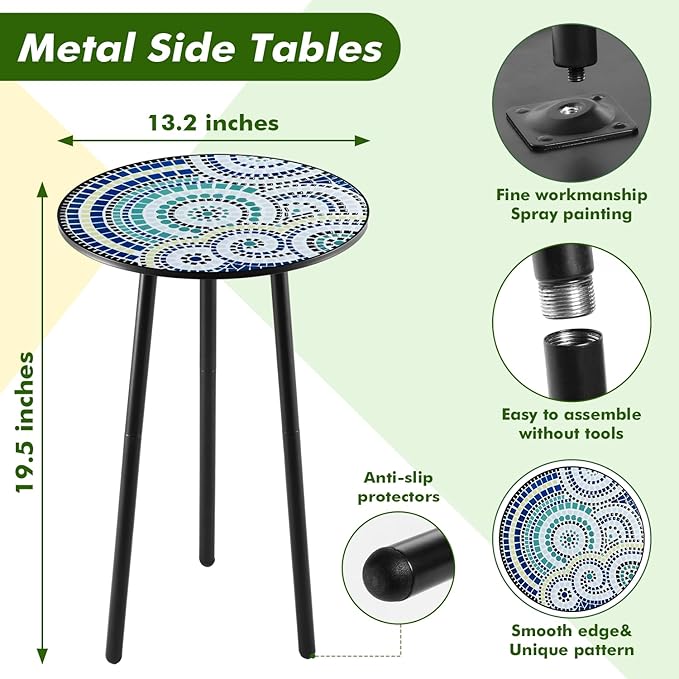 2 Packs Metal Mosaic Round Side Tables 13.4" Small Outdoor Patio Round Accent - Image 3