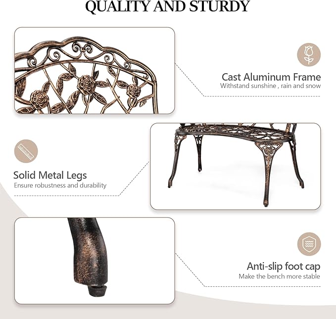 VINGLI 38.5" Patio Park Garden Outdoor Metal Rose Bench, 2-Person Cast Iron - Image 5