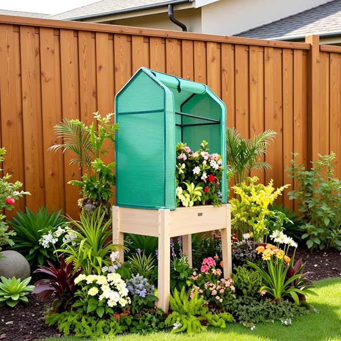 Raised Garden Bed with Greenhouse Cover, Elevated Wood Planter Box with Legs & - Image 8