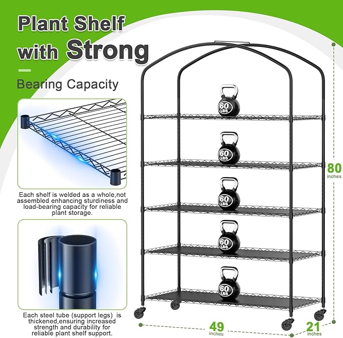 Abimars 5-Tier Greenhouse with Grow Light, Shelf Height Adjustable Metal Plant - Image 2
