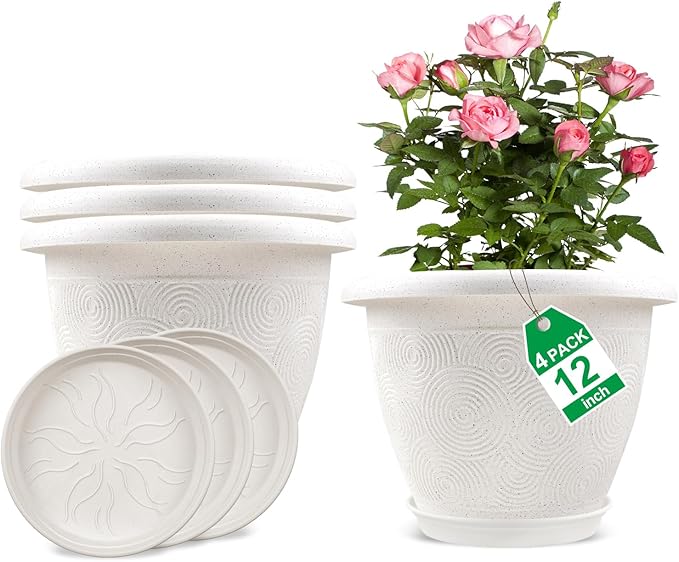 Plastic Flower Pots Planters for Indoor Plants, 4 Pack 12 Inch White Plant Pots by Fodetyff