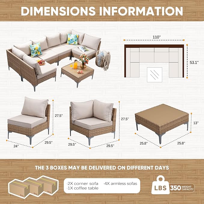 7 Piece Wicker Patio Furniture Set, Outdoor Conversation Sectional Sofa - Image 3