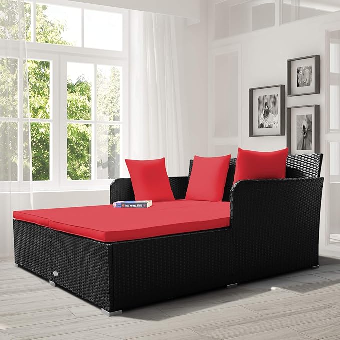 COSTWAY Outdoor Patio Rattan Daybed, Sponge Cushioned Loveseat Sofa - Image 4
