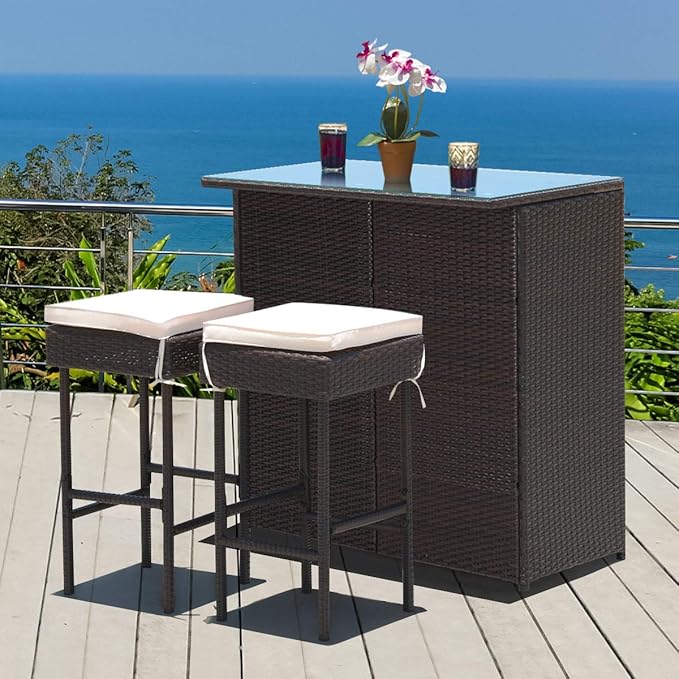 Tangkula Patio Bar Set, 3 Piece Outdoor Rattan Wicker Bar Set - Image 2