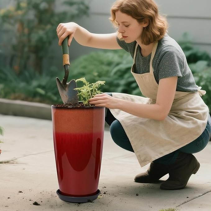 Set of 2 Lightweight Ceramic-Look Tall Planter, 21 inch Large Plastic Planter - Image 7