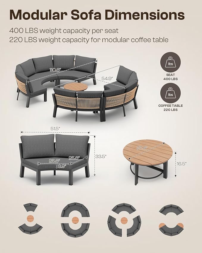 Outdoor Aluminum Patio Furniture Set, 7 Piece Curved Outdoor Sectional Sofas - Image 2