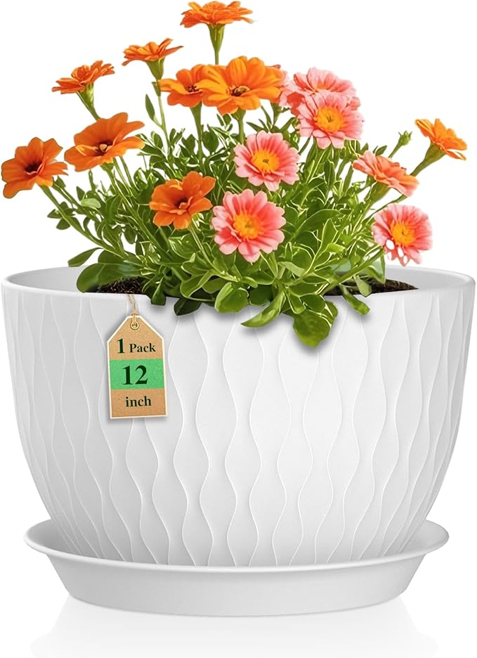 12 Inch Large Plant Pots for Indoor or Outdoor Plants, Wide Water Ripples by WSMKSZ