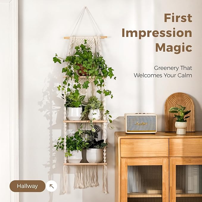 Bamworld Plant Wall Shelf Boho Plant Stand Window Plant Shelf 3 Tier Macrame - Image 7