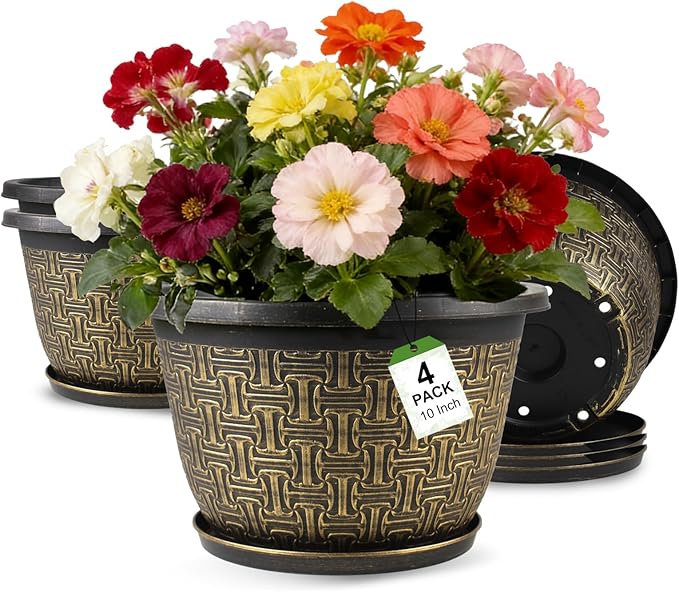 10 Inch Plant Pots, 4 Pack Flower Pots Outdoor by Nooulap