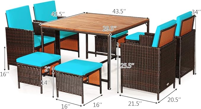 Tangkula 9 Pieces Acacia Wood Patio Dining Set, Space Saving Wicker Chairs and - Image 6