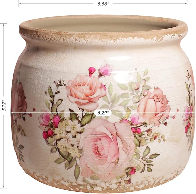 Ceramic Planter for Indoor Plants, 6.29 Inch Rose Pattern Crackle Glaze Flower - Image 3