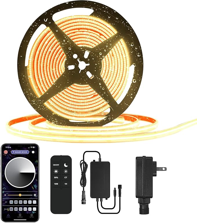 50ft COB Outdoor LED Strip IP67 Waterproof, 3000K Warm Whit DC24V Flexible LED by BUNACET