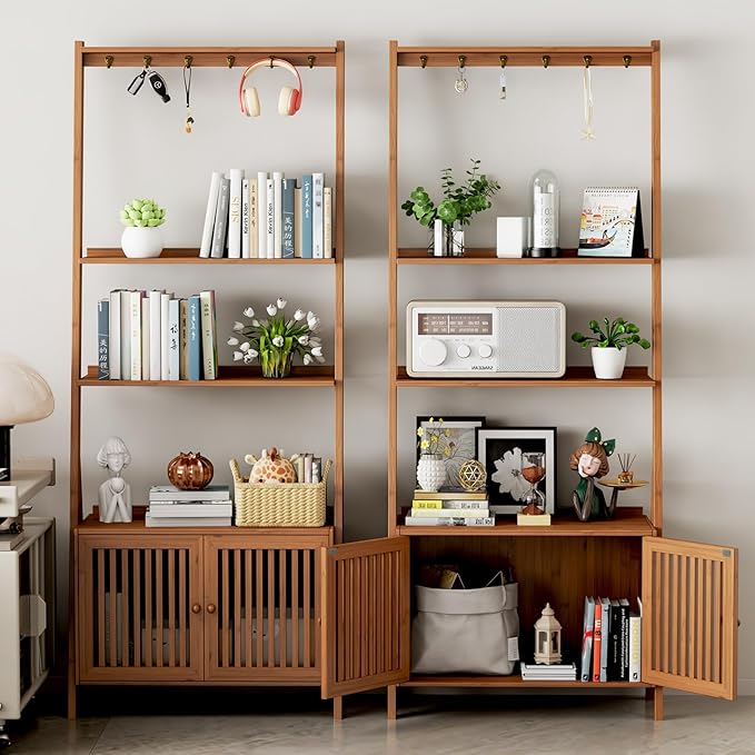 Bookcase with Drawers, 4-Tier Bamboo Bookshelf Ladder Shelf with 6 Hooks - Image 7