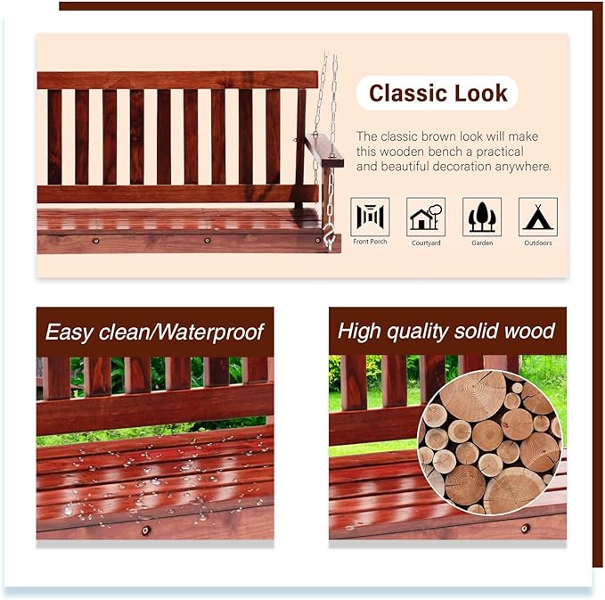 Outdoor Wooden Porch Swing 4Ft Patio Porch Swing Bench 800 LBS Load-Bearing - Image 5