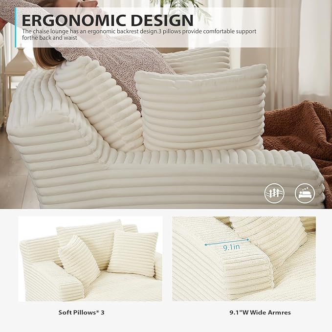 50 Inch Chaise Lounge Chair Indoor, Oversized Corduroy Upholstered Boneless - Image 5