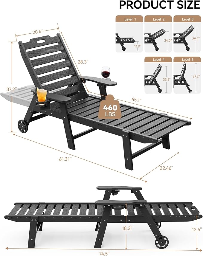 Carauci Lounge Chair Outdoor Set of 2, HDPE Chaise Lounge - Image 3