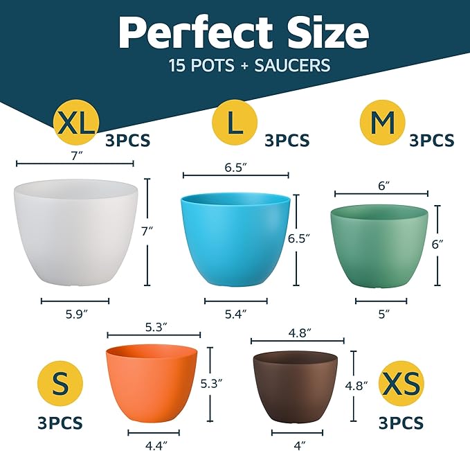 Multicolor Plant Pots with Drainage Holes & Saucers 15 Pack, Indoor & Outdoor - Image 2