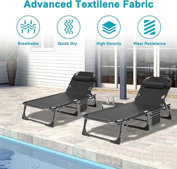 ABORON 2PK Heavy Duty Tanning Chair, 5-Gear Outdoor Folding Chaise Lounge Chair - Image 8