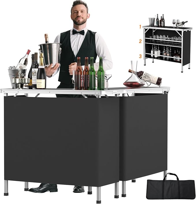 VINGLI 43" Portable Bar Table, 3-Tier Shelves, Mobile Bar Table by VINGLI