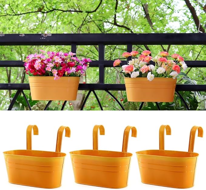 3 Pack Metal Railing Planters, 10.5" Oval Hanging Flower Pots by MeltsetM