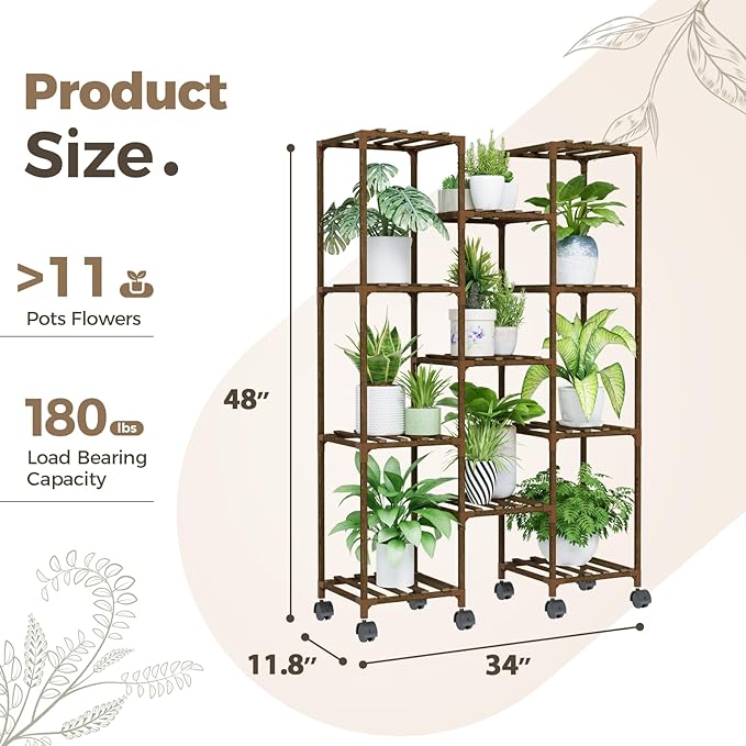 Bamworld Plant Stand With Wheels Indoor Outdoor Wood Plants Shelf - Image 4