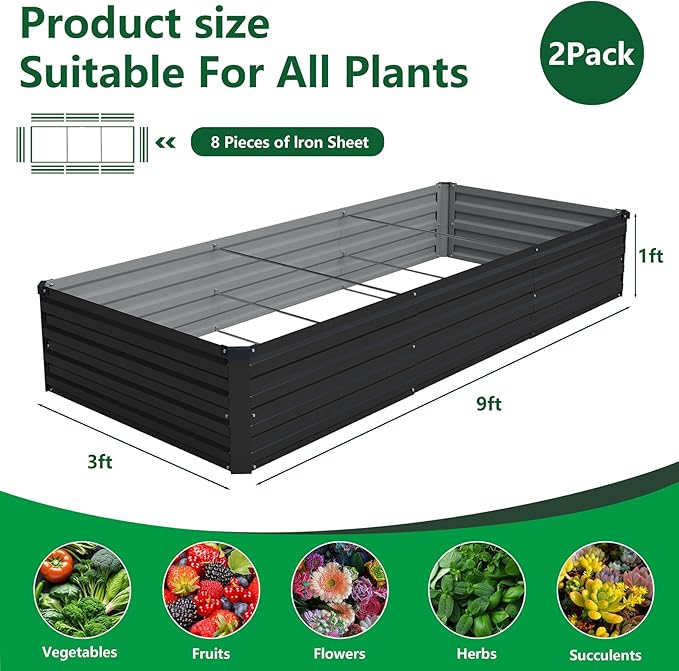 Vengarus 2 Pack 9x3x1FT Galvanized Raised Garden Bed Kit, Outdoor Metal Planter - Image 2