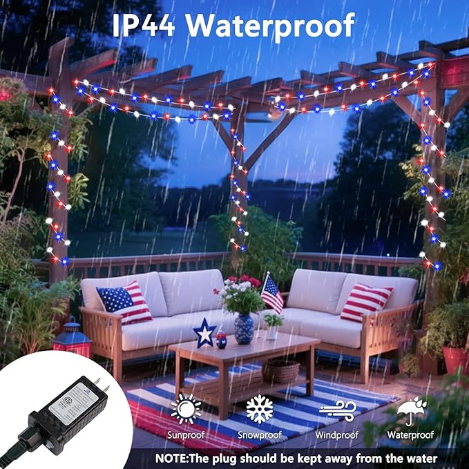 4th of July Decorations Red White and Blue Lights, 200 LED 66FT String Light - Image 4