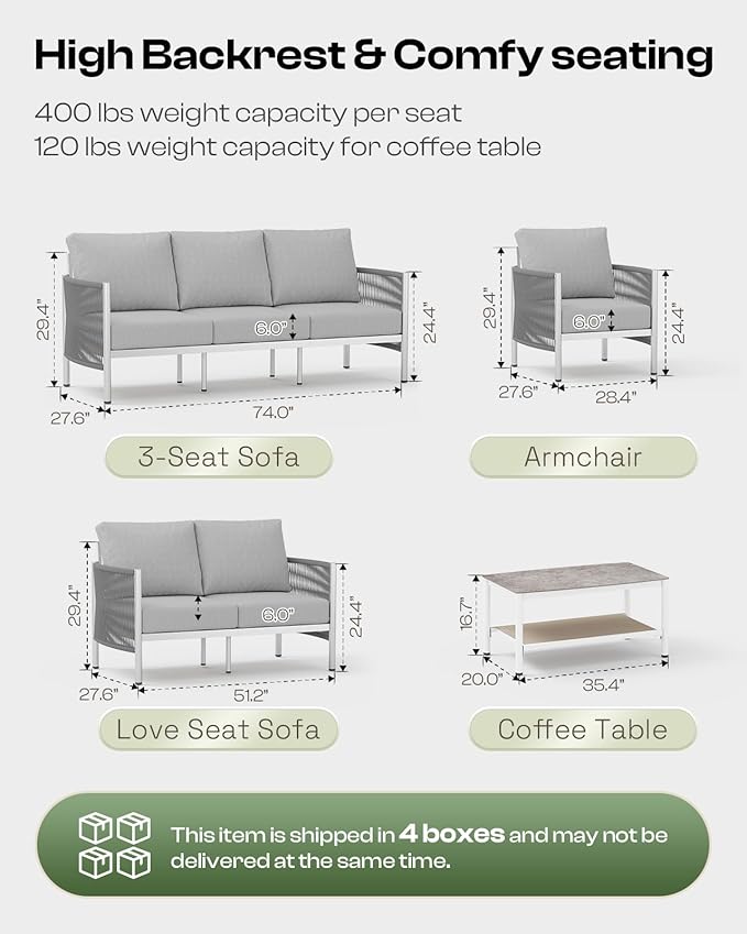 Aluminum Outdoor Sofa Armchair, HDPE Rope Patio Couch - Image 2