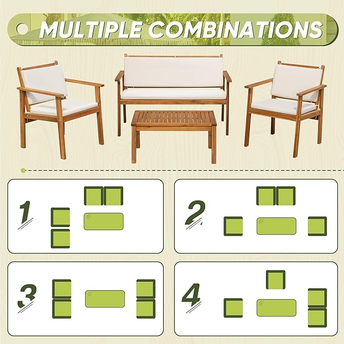 Flamaker Patio Furniture 4 Piece Outdoor Acacia Wood Patio Conversation Sofa Set - Image 5