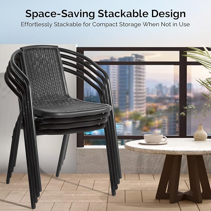 VINGLI PE Rattan Outdoor Dining Chairs Set of 4, Plastic Stackable Patio Chairs - Image 4