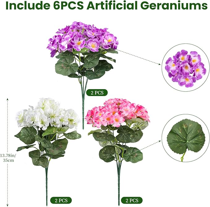 Artificial Geraniums Flowers for Outdoors, 6 Bundles Realistic Silk Fake - Image 2