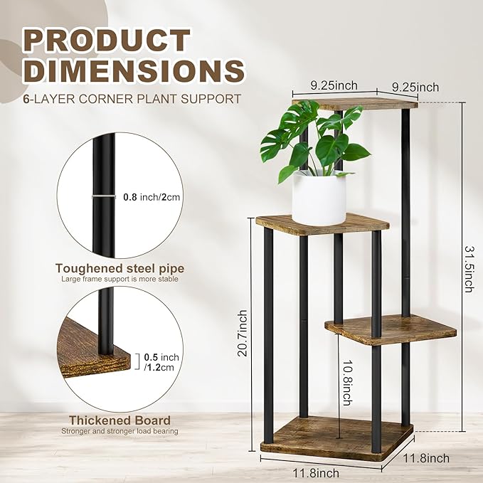 4 Tier Plant Stand Indoor, Thickened Metal Wood Corner Plant Shelf Stands - Image 2