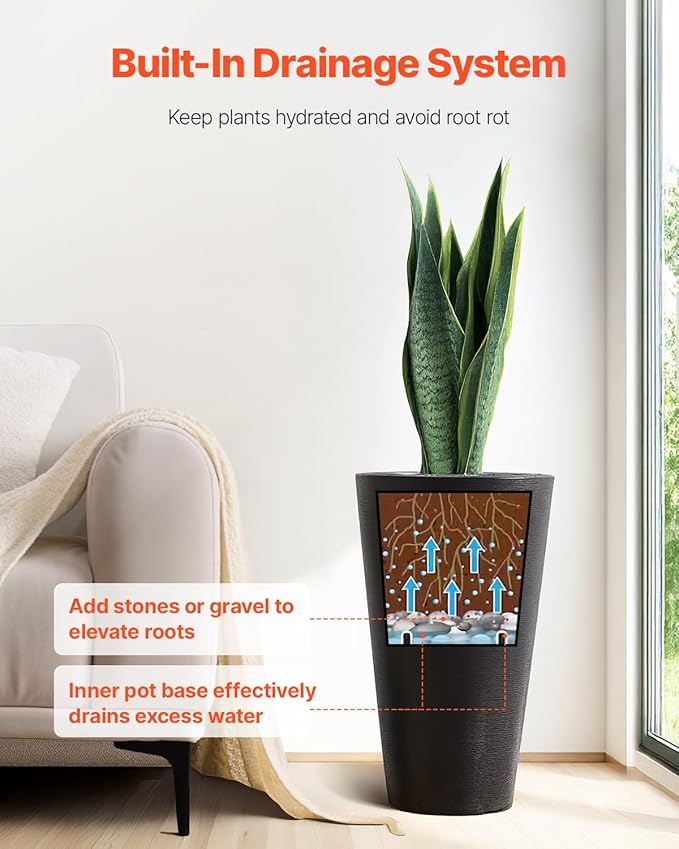 VEVOR Set of 2 Tall Planter for Outdoor Indoor Plants 24inch, Tall Taper Flower - Image 4