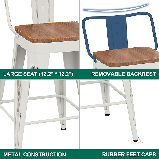 WENTMENT Bar Stools Set of 4, Industrial Style, Metal Frame, Distressed White - Image 6