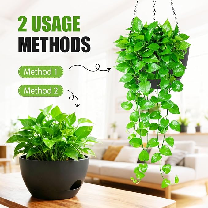 8 Inch Hanging Planters for Indoor Outdoor Plants, 4 Pack Black Plastic Self - Image 5