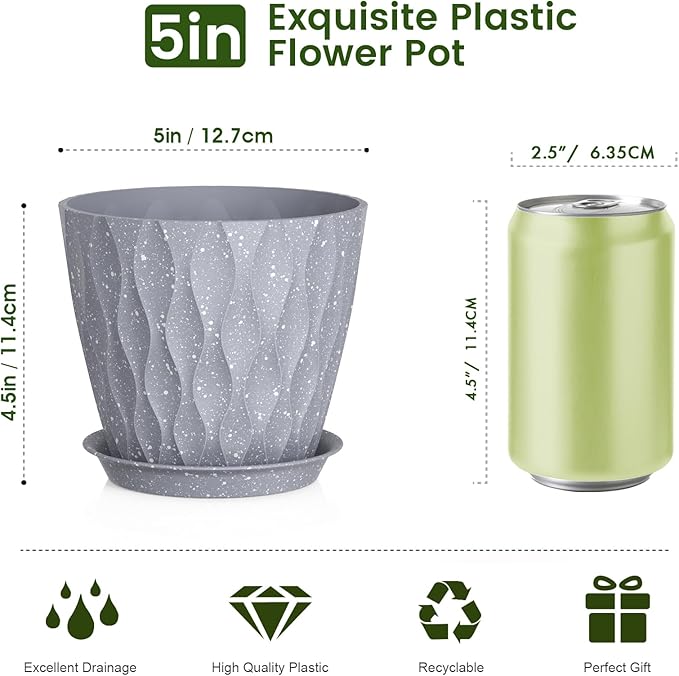 5 inch Plant Pots for Indoor Outdoor Plants, 6 Pack Thick Flower Pots - Image 2