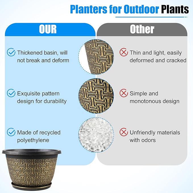 4 Pack 12 Inch Plant Pots, Large-Plant-Flower-Planters-Plastic, Flower Pots - Image 5