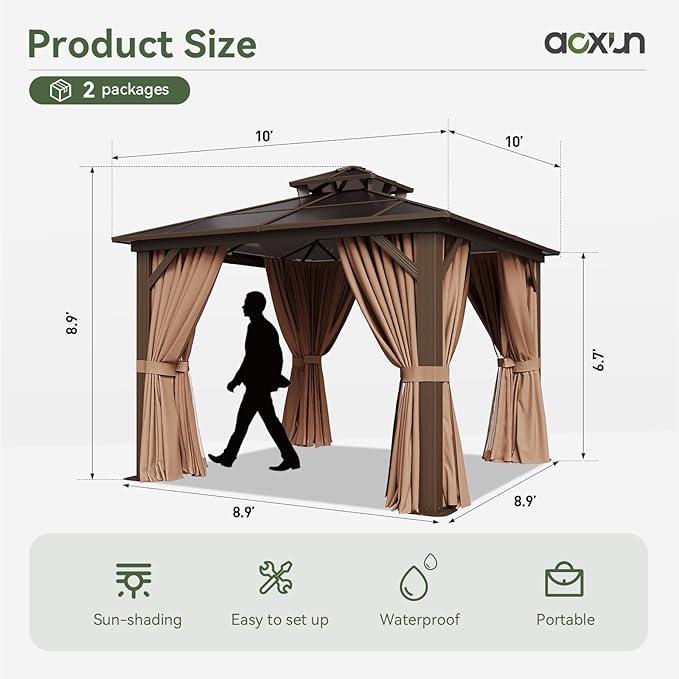 Aoxun 10'x10' Hardtop Gazebo, Outdoor Polycarbonate Double Top Canopy, Aluminum - Image 3