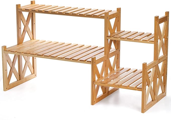 Lawei 2 Tier Bamboo Tabletop Plant Stand, Adjustable Flower Pot Holder Shelf by ENJOYEVERYMOMENT