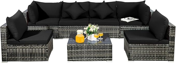 Tangkula 7 Pieces Patio Rattan Furniture Set, Patiojoy Outdoor Conversation Set - Image 9