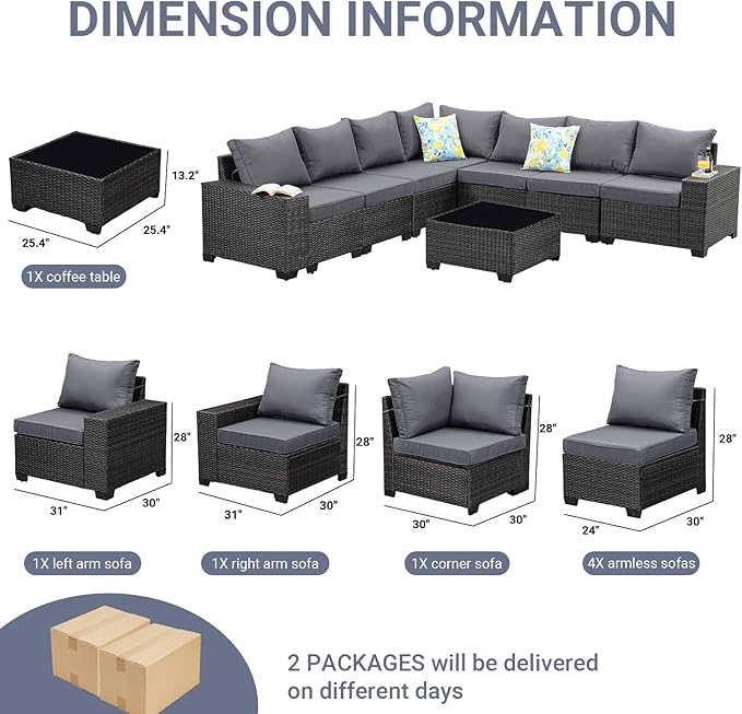 Jing's Villa 8-Piece Patio Furniture Set, All-Weather Outdoor Wicker Sectional - Image 2