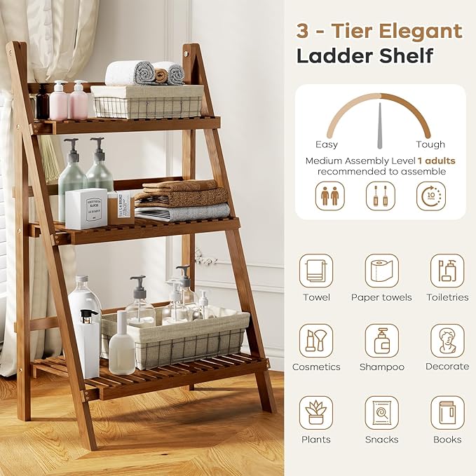 39.4" Bamboo Ladder Shelf Plant Shelf, 3 Tier Foldable Ladder Flower Pot - Image 5