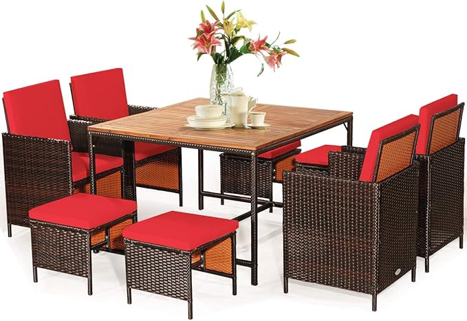 Tangkula 9 Pieces Acacia Wood Patio Dining Set, Space Saving Wicker Chairs and by TANGKULA