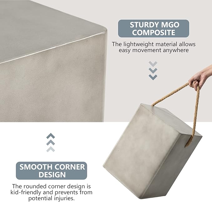 COSIEST Concrete Side Table, Rectangular Outdoor Side Table w Hemp Rope Handles - Image 5