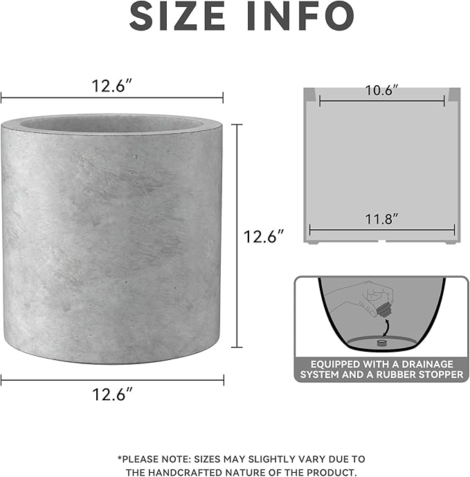 Kante 12.6" Dia Round Concrete Planter, Modern Style Large Cylindrical Plant Pot - Image 3