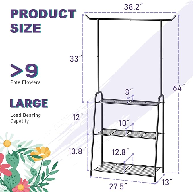 Metal Plant Stand Indoor Outdoor, 3 Tier Tall Corner Plant Shelf, Hanging - Image 2