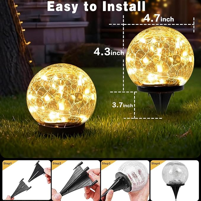 Solar Garden Lights Outdoor Waterproof, 4 Pack Cracked Glass Ball Light - Image 6