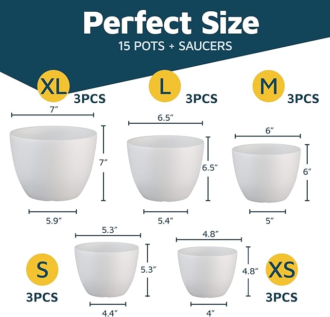White Plant Pots with Drainage Holes & Saucers 15 Pack, Indoor & Outdoor - Image 2